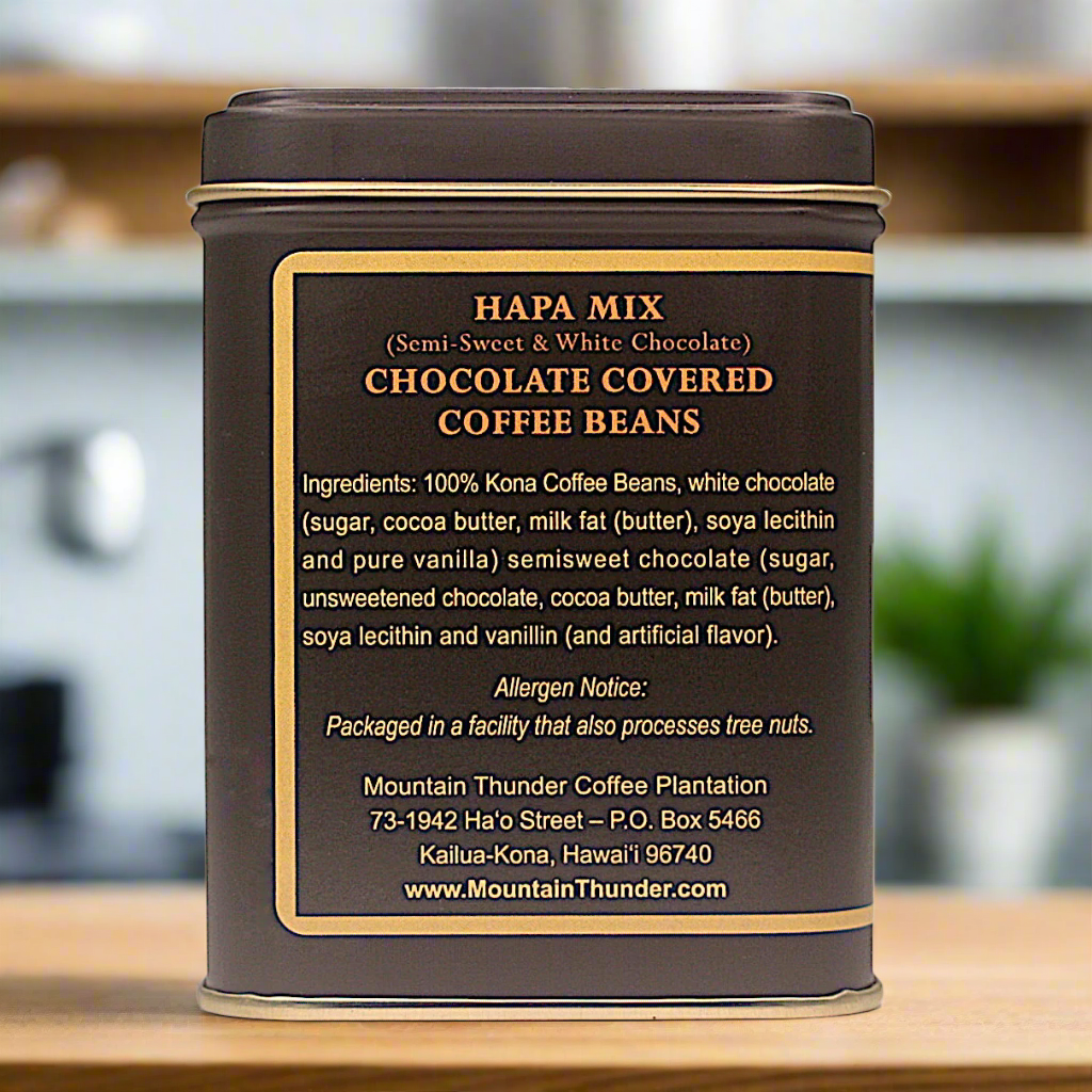 left side of 4oz tin of hapa mix (white and semi-sweet) chocolate covered coffee beans