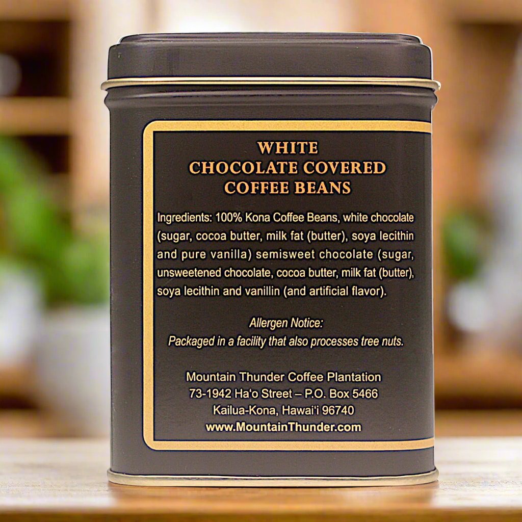 left side of 4oz tin of white chocolate covered coffee beans