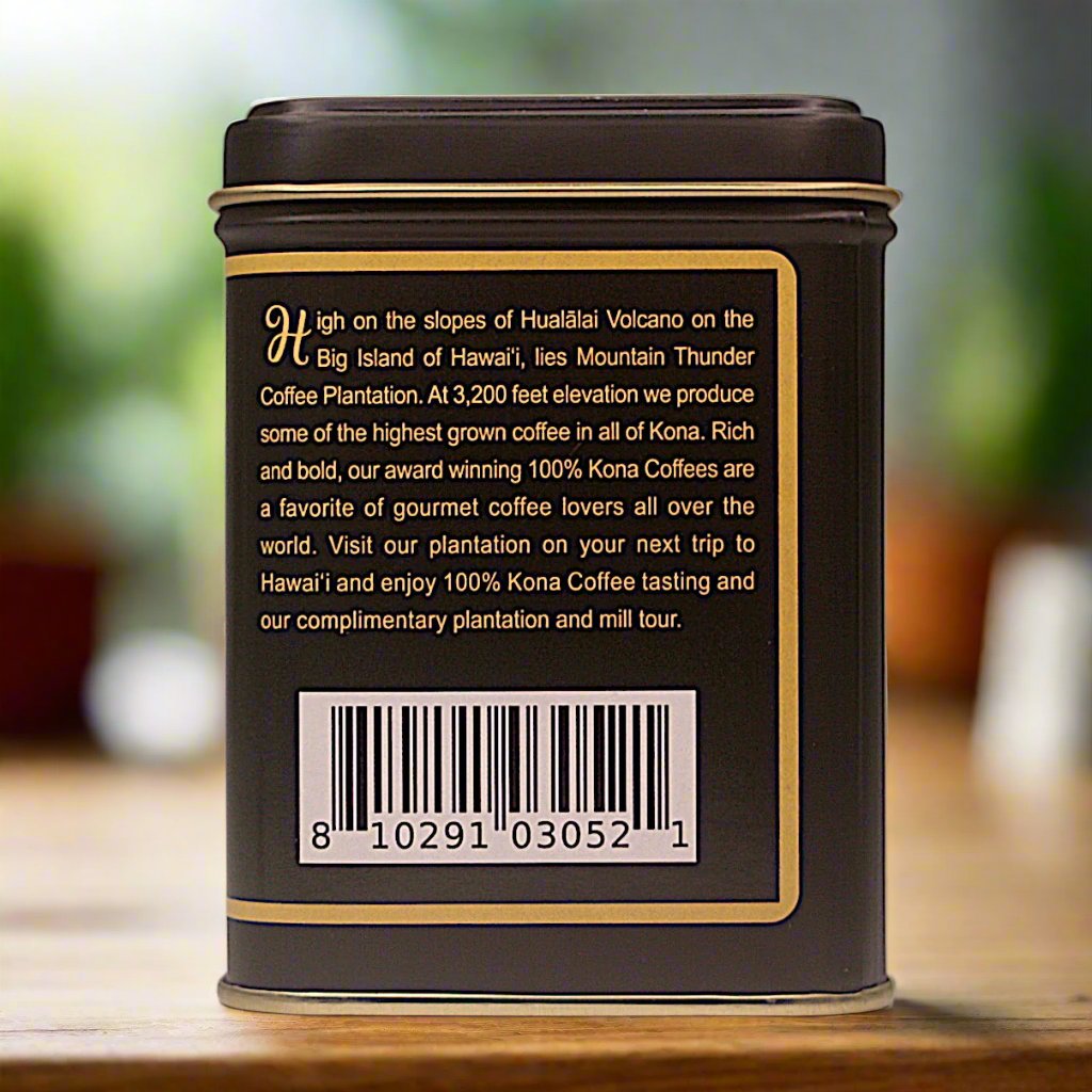 right side of 4 oz tin of chocolate covered coffee beans