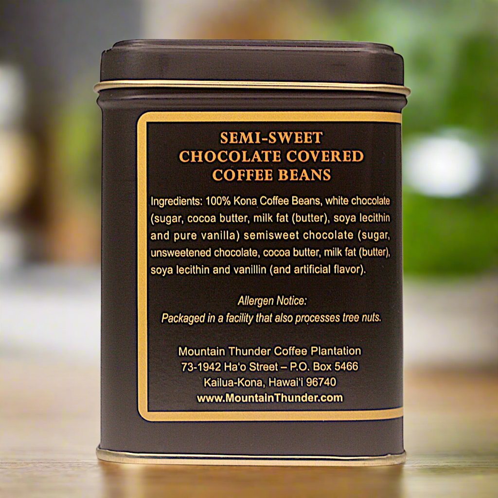 left side of 4oz tin of semi-sweet chocolate covered roasted coffee beans