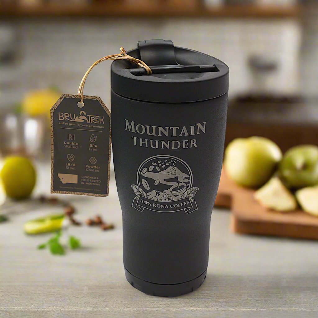 matte black logo tumbler from front with lid