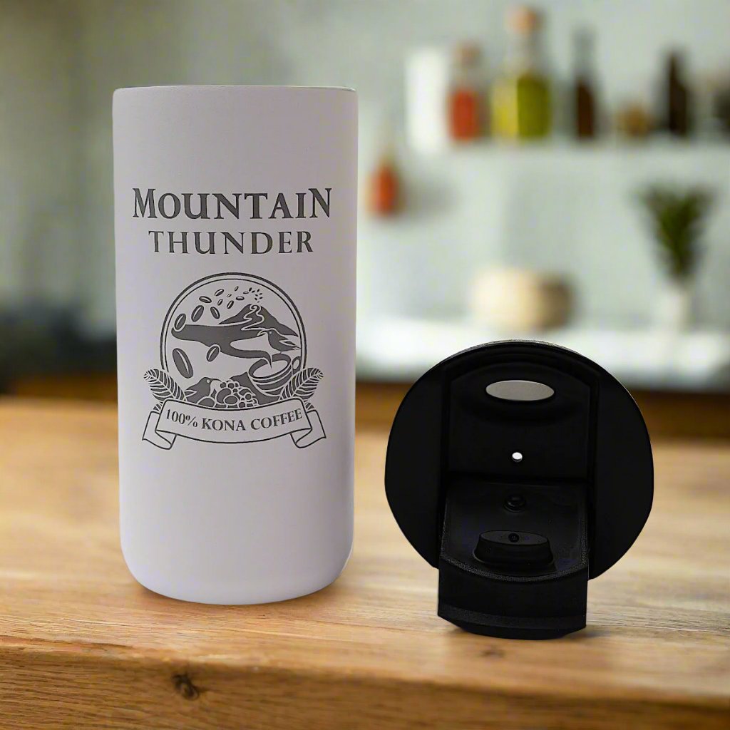 stainless steel logo minimalist mug with top off