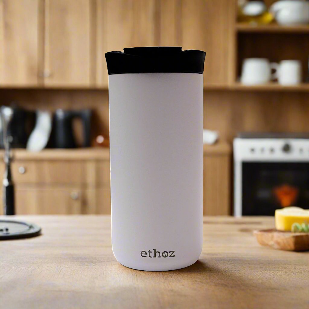 white ethoz minimalist stainless steel mug from the back
