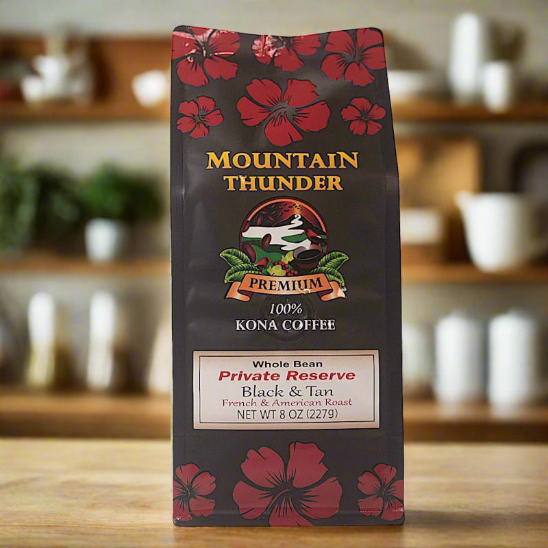 100% Kona Private Reserve Black & Tan roast coffee 8oz bag