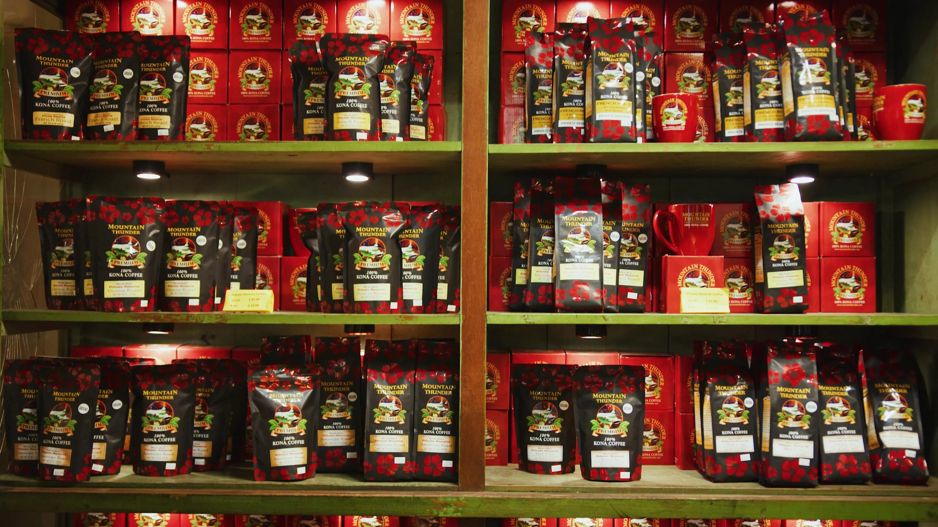 Mountain Thunder 100% Kona Coffee" bags, showcasing various varieties of the product