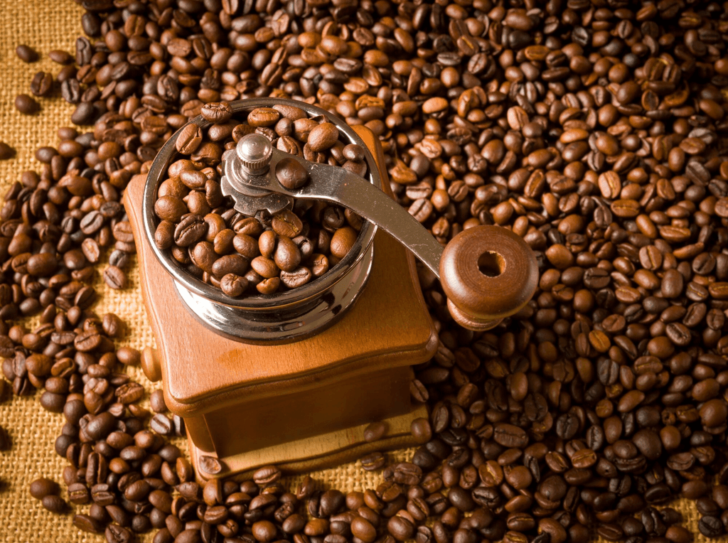 Wooden coffee grinder filled with coffee beans on a bed of coffee beans.