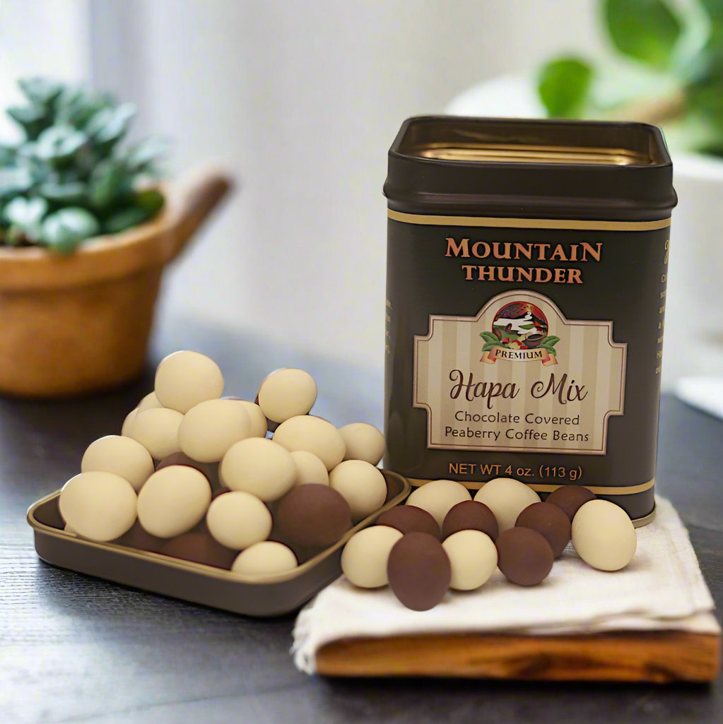 open 4oz tin of hapa (half white half semi-sweet) mix chocolate covered coffee beans