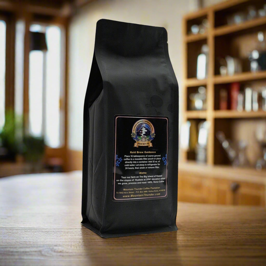 back of kona cool 16oz coffee bag with brewing instructions
