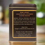 left side of 4oz tin of semi-sweet chocolate covered roasted coffee beans