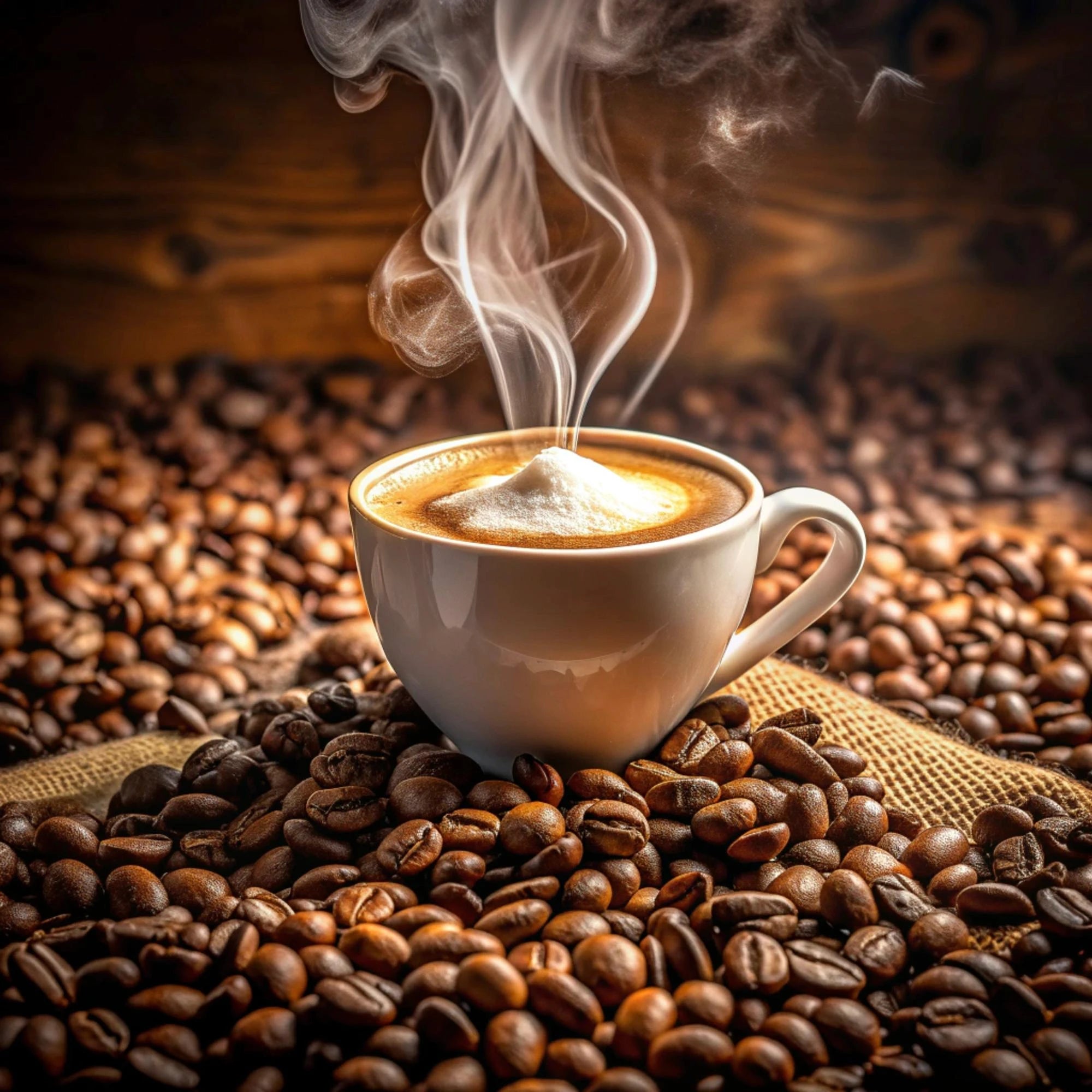 Steaming cup of coffee on a bed of coffee beans with a warm, brown background.