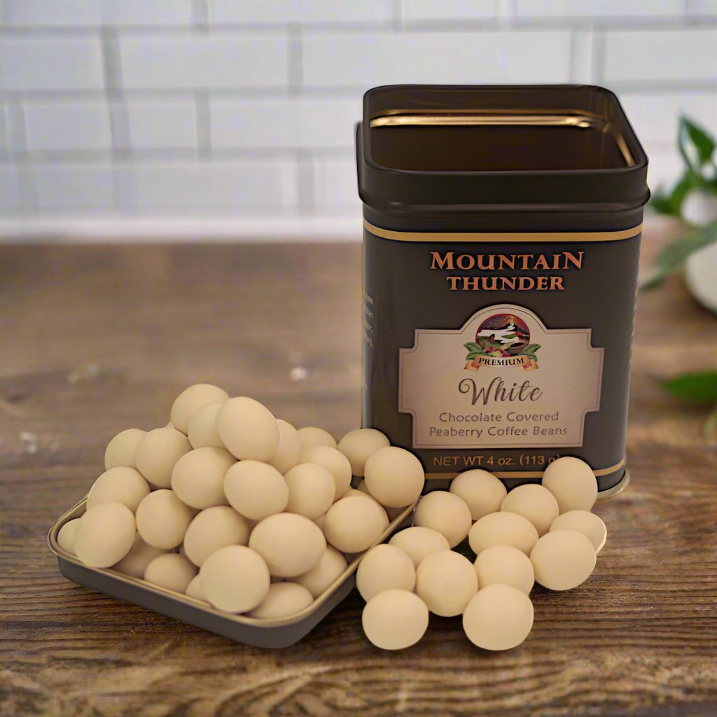 open 4oz tin of White chocolate covered coffee beans