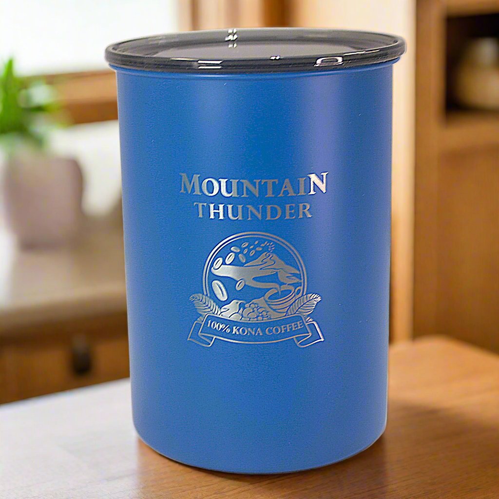 matte blue stainless steel airscape brand storage container with laser etched mountain thunder logo