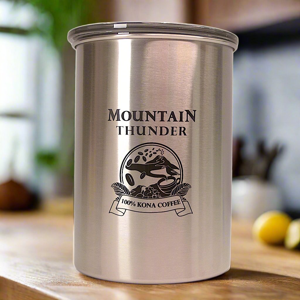 brushed stainless steel airscape canister with black mountain thunder logo