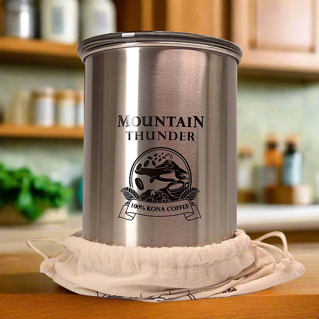 brushed stainless steel airscape brand one pound storage container with black mountain thunder logo