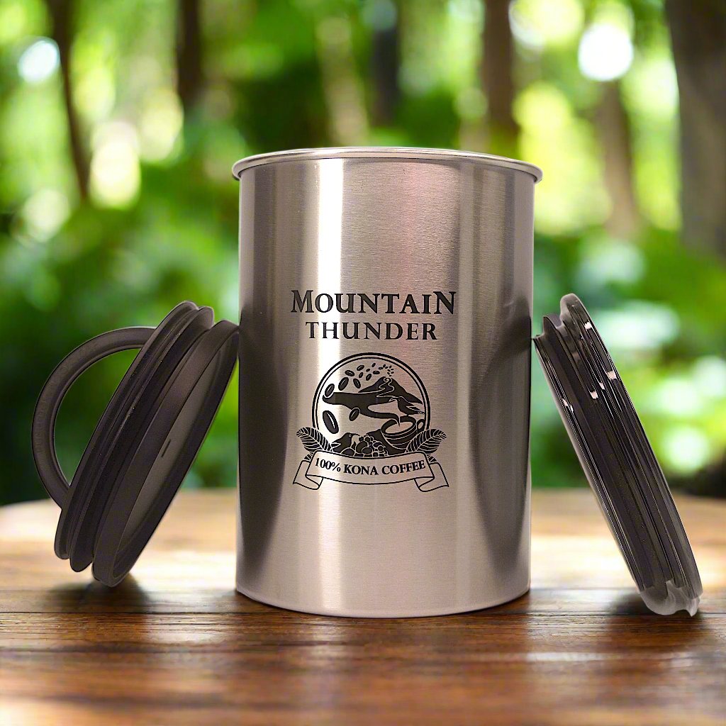 brushed stainless steel airscape brand storage bin with black mountain thunder logo