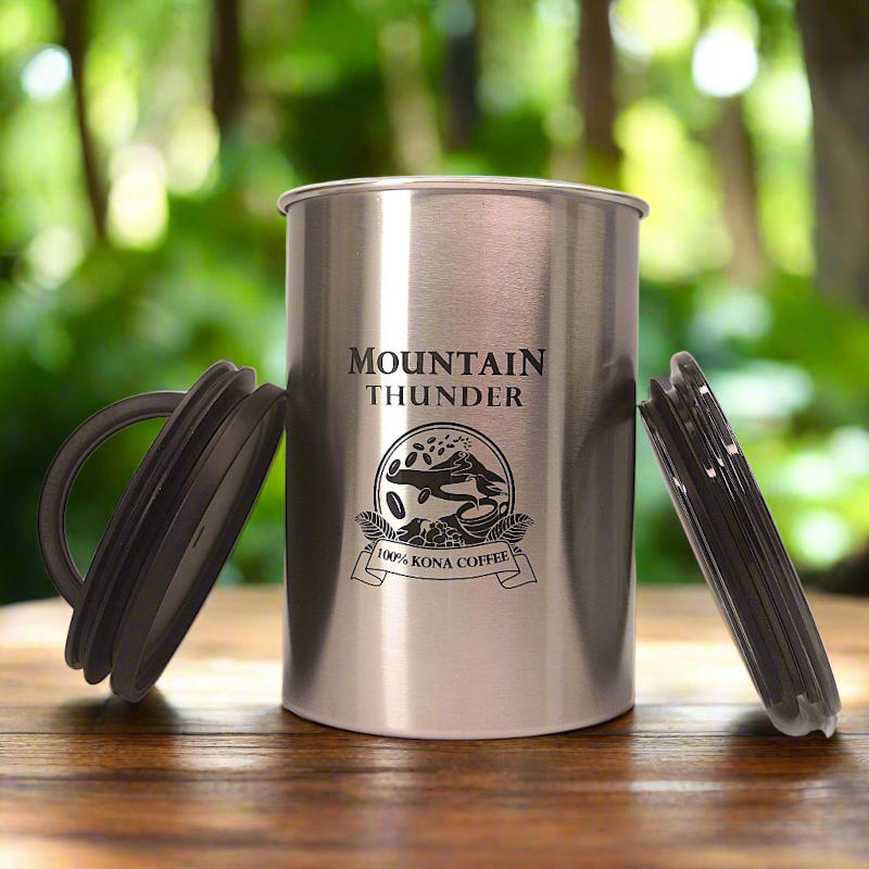 brushed stainless steel airscape brand storage bin with black mountain thunder logo