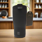 back of matte black tumbler with lid on