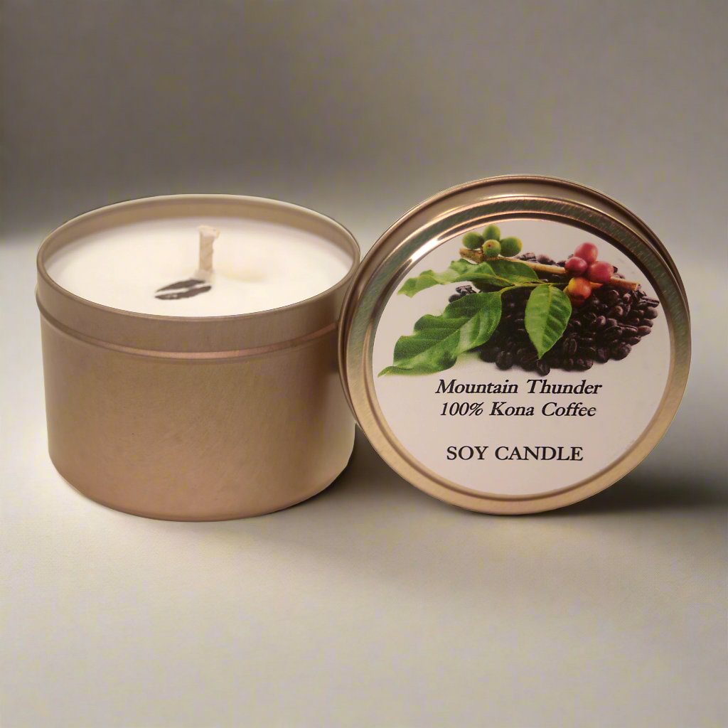 soy and kona coffee candle in gold color metal tein with lid