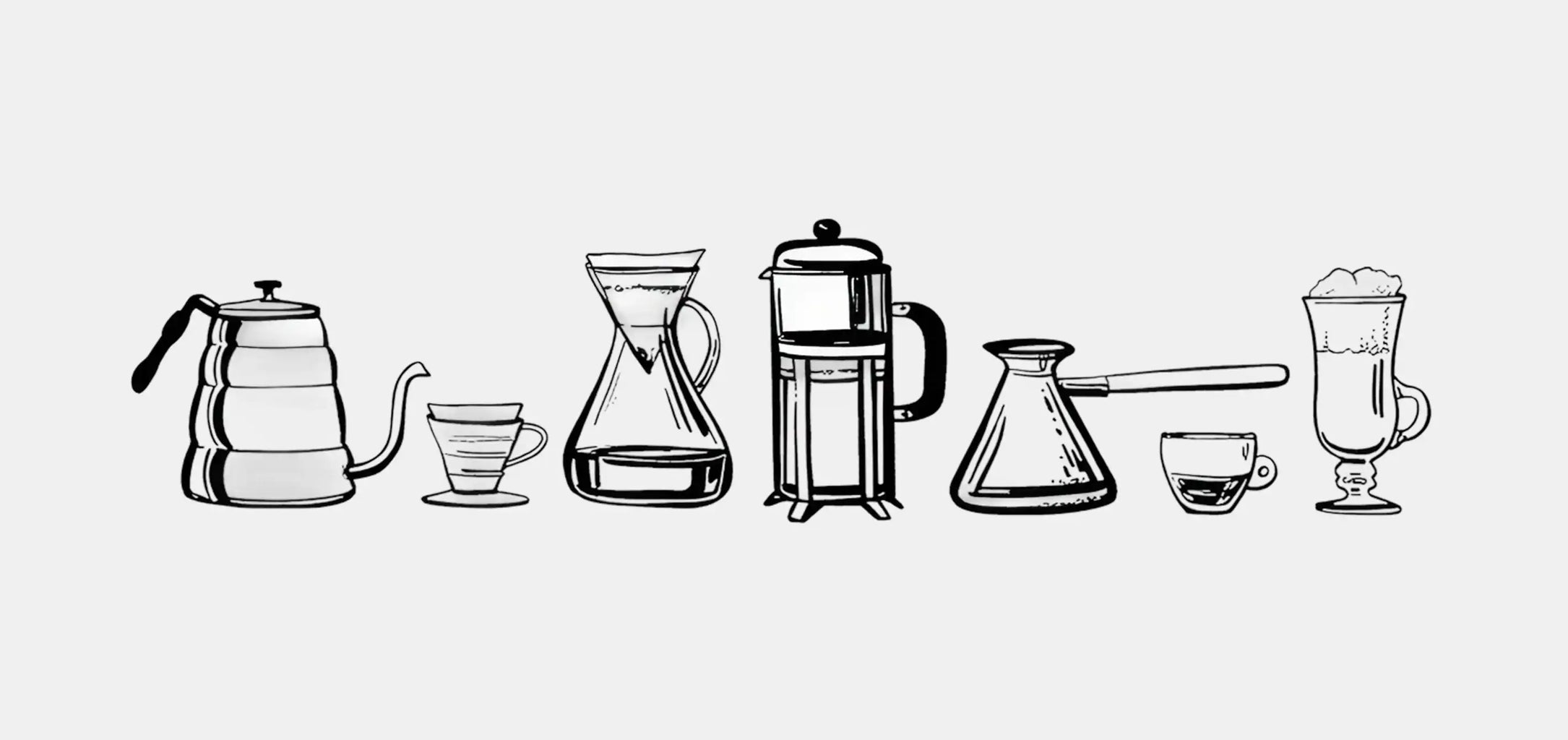 Illustrations of various coffee-making equipment on a white background