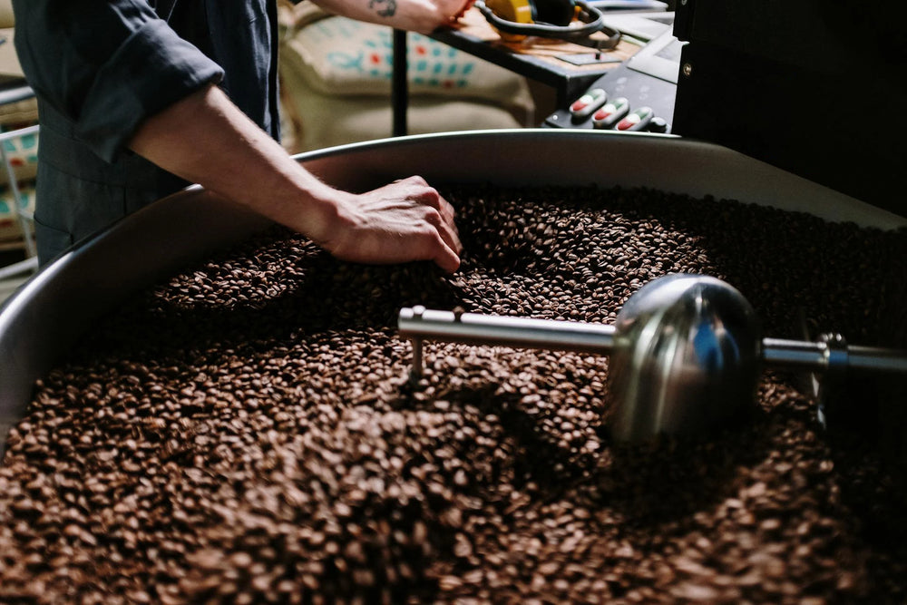 Person roasting coffee beans in a large metal roaster.