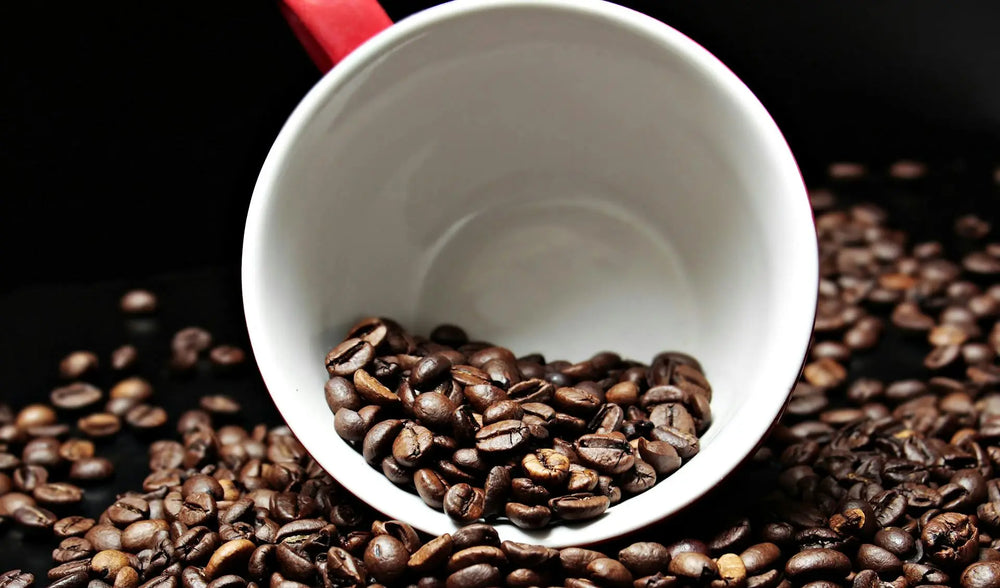 White mug with red handle filled with coffee beans on a dark background