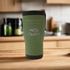 moss green stainless steel logo tumbler from front with lid