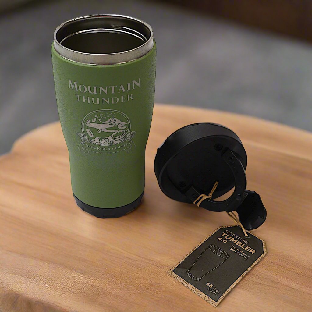 moss green tumbler at angle with top off