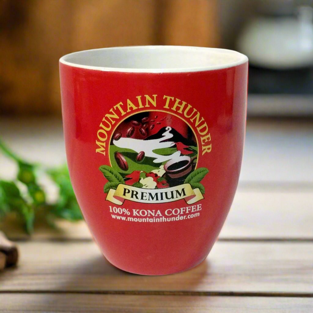 red ceramic Mountain Thunder coffee cup