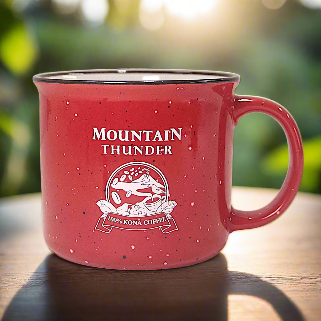 ceramic red campfire style mug with mountain thunder logo