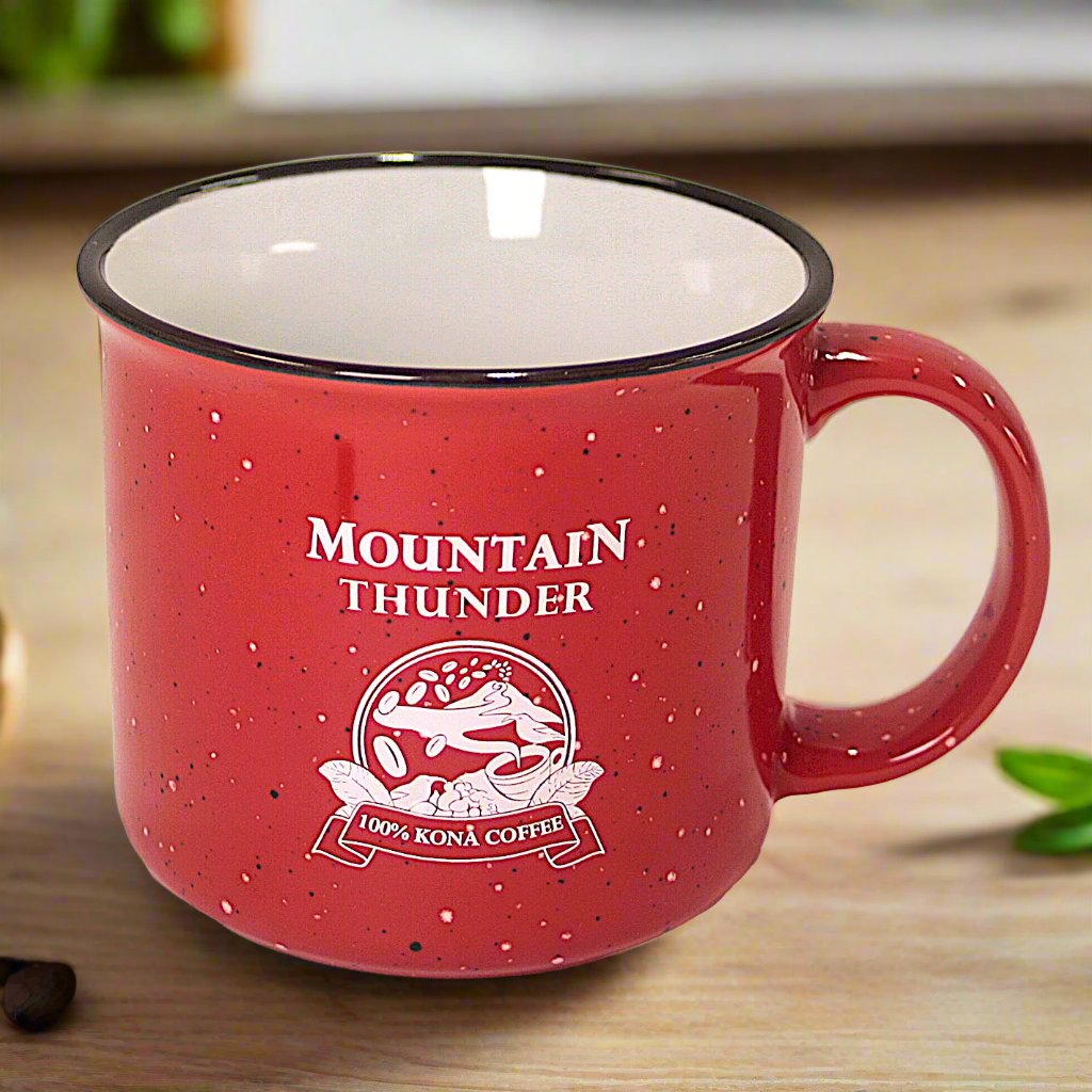 creamic red campfire style mug with black lip