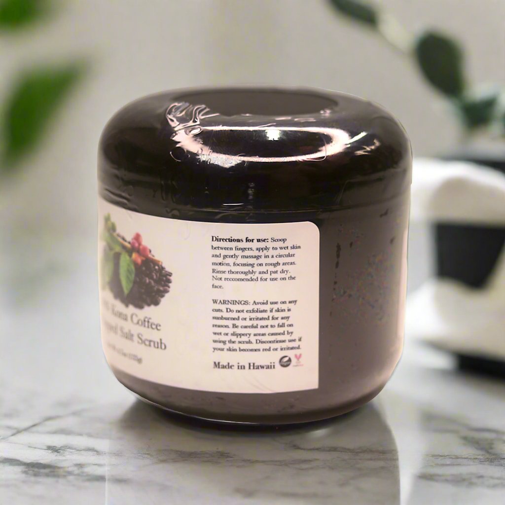 black jar of kona coffee whipped salt scrub